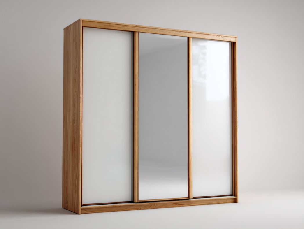 Armoire 3 portes coulissantes bois clair avec panneaux blancs et miroir – style moderne