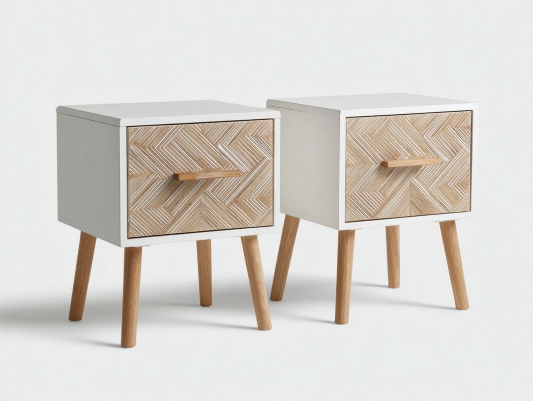 Lot de 2 tables de chevet style scandinave Blanc avec tiroir motif bois gravé