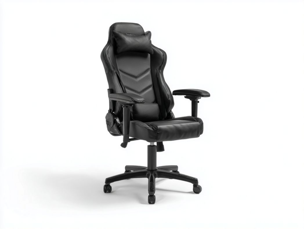 Fauteuil Gaming et bureau en similicuir noir avec dossier haut à motifs en V, appui-tête et coussin lombaire