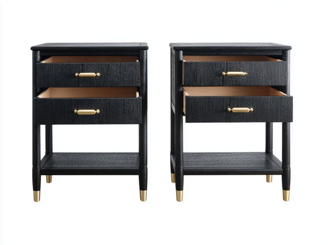 Lot de 2 tables de chevet noires à motif bois avec 2 tiroirs et finitions dorées