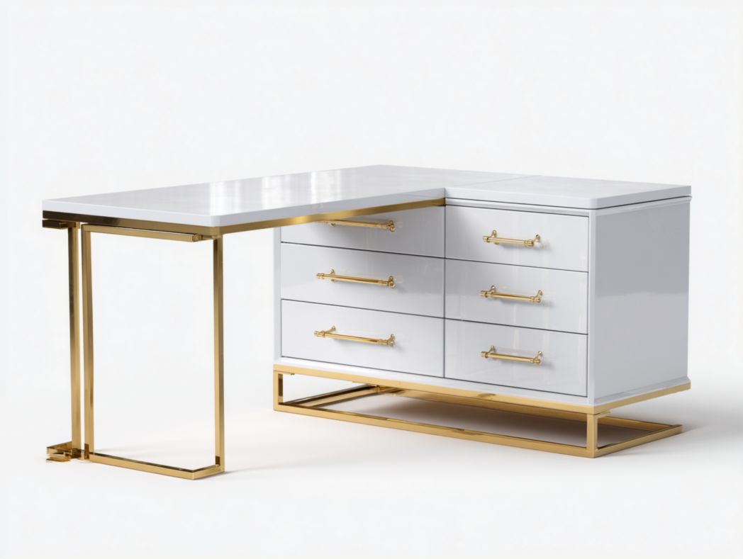 Bureau d’angle blanc laqué avec structure dorée – 6 tiroirs spacieux