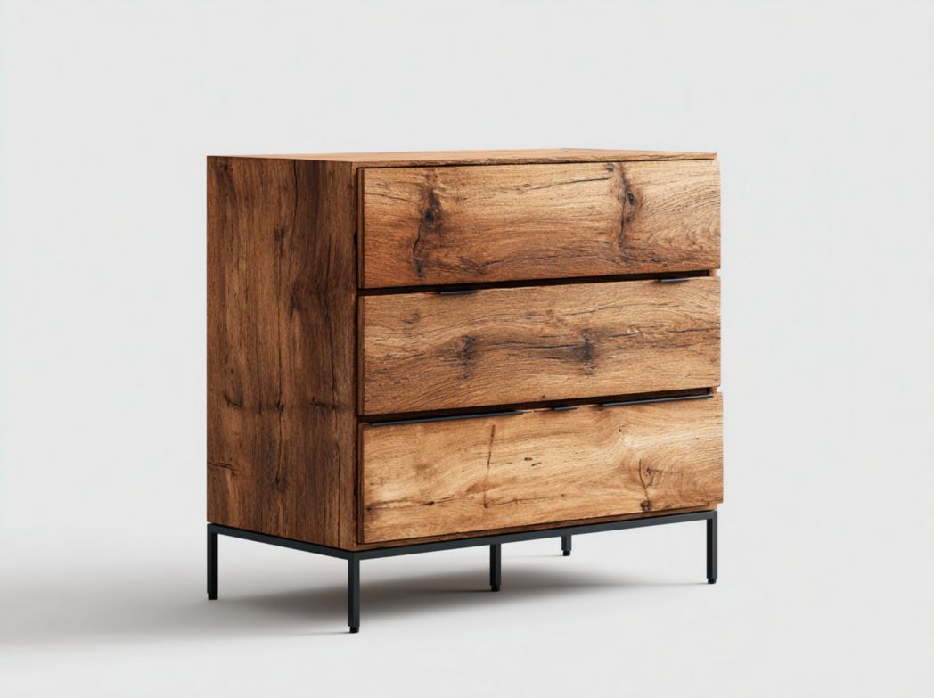 Commode 3 tiroirs style industriel en bois naturel et métal noir