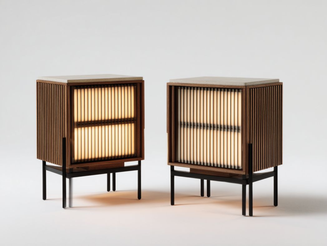 Lot de 2 tables de chevet style japonais Bois avec portes à lattes et éclairage intégré