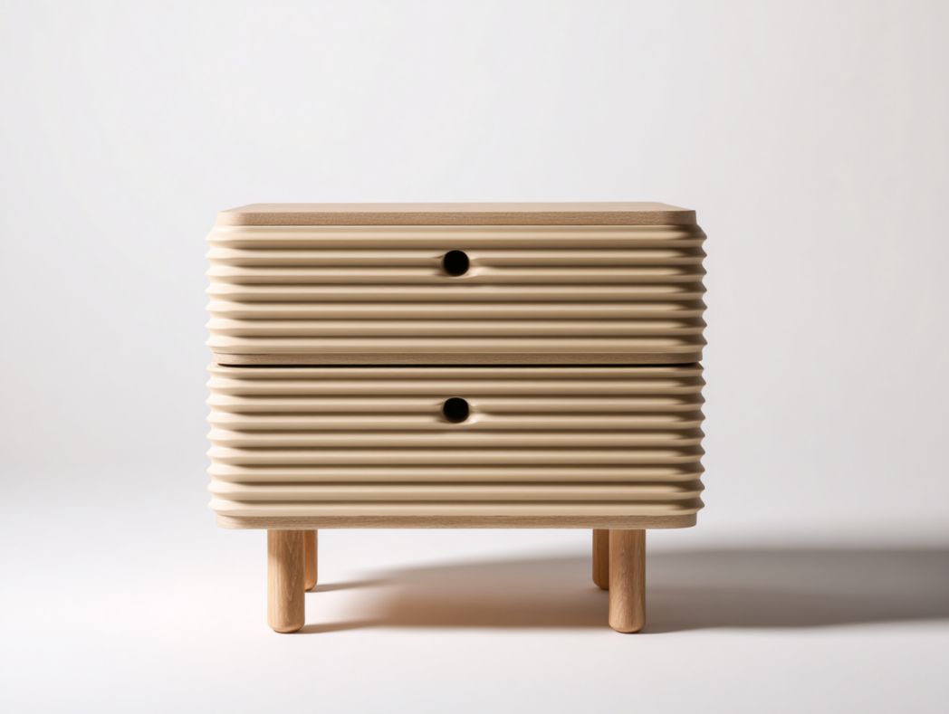 Table de chevet bois beige à surface ondulée – 2 tiroirs design moderne