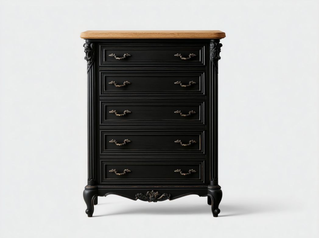 Chiffonnier vintage noir 5 tiroirs avec décor sculpté et plateau bois