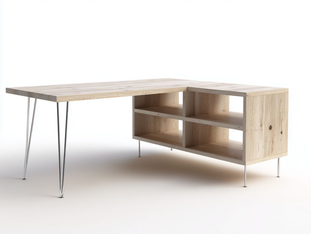 Bureau d’angle style nordique bois clair avec pieds métal et rangements ouverts