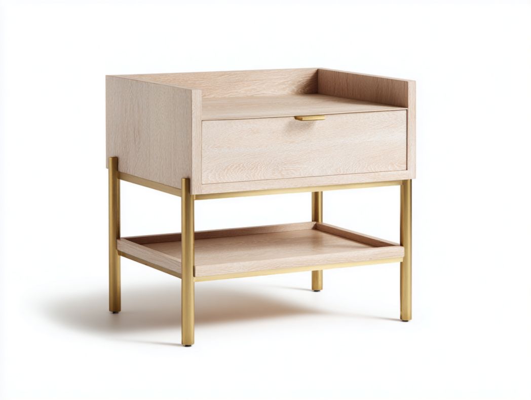 Table de chevet moderne – bois clair avec tiroir et étagère basse, structure métallique dorée