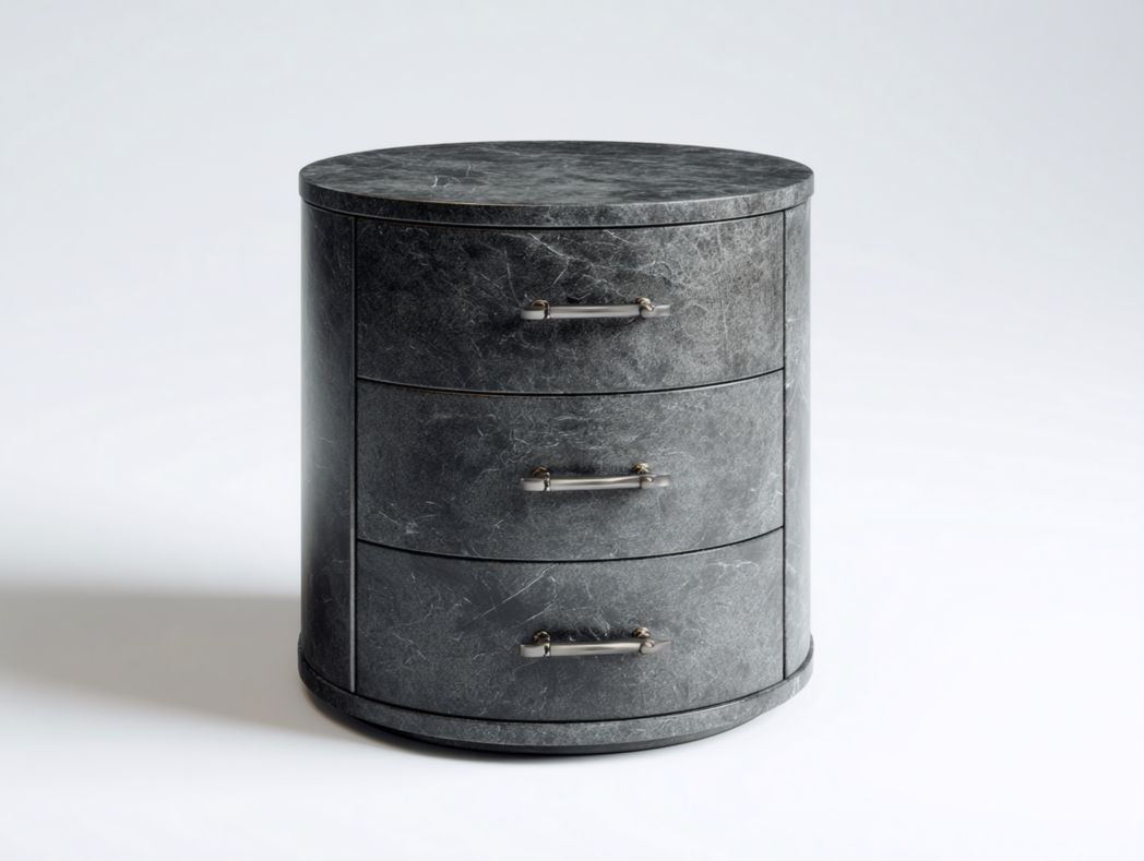 Chiffonnier rond 3 tiroirs finition pierre gris foncé avec poignées métalliques
