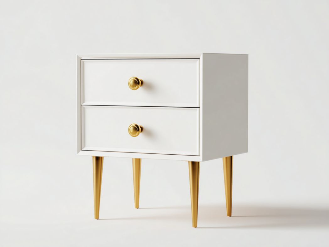 Table de chevet 2 tiroirs – bois blanc avec poignées et pieds dorés