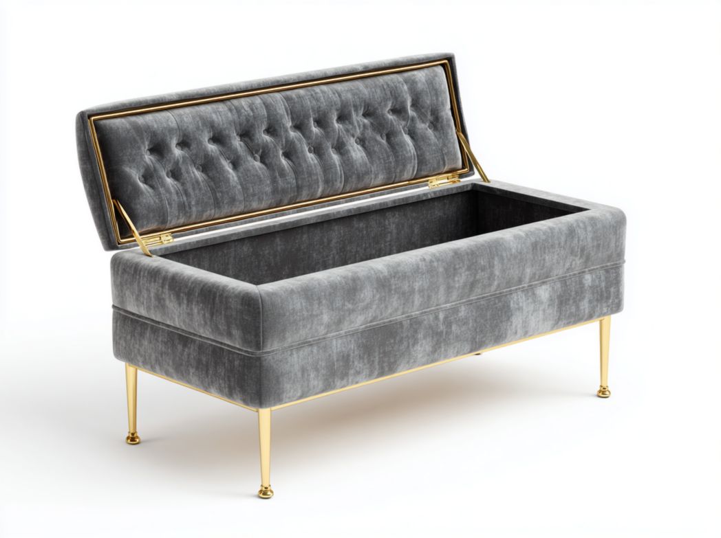 Banc coffre capitonné Velours gris avec pieds métalliques dorés et espace de rangement