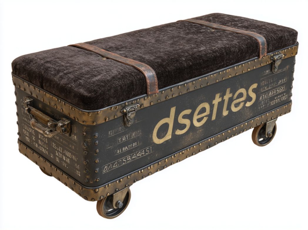 Banc coffre industriel en métal avec coussin et roulettes