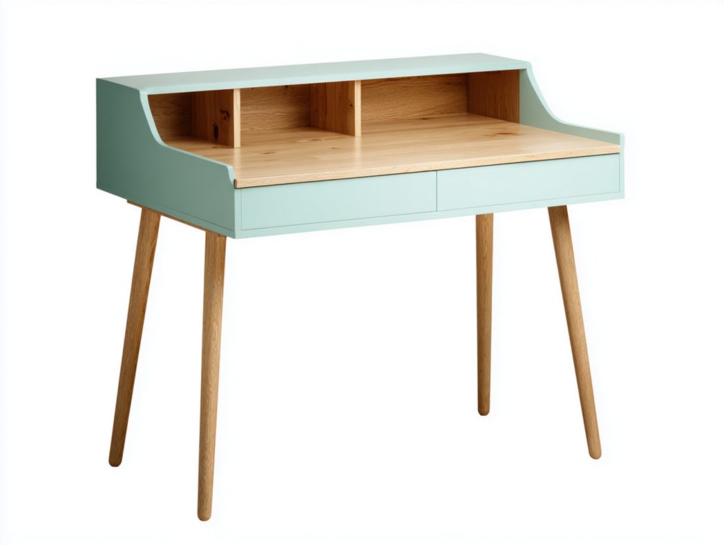 Bureau enfant nordique vert menthe et bois avec rangements et tiroirs