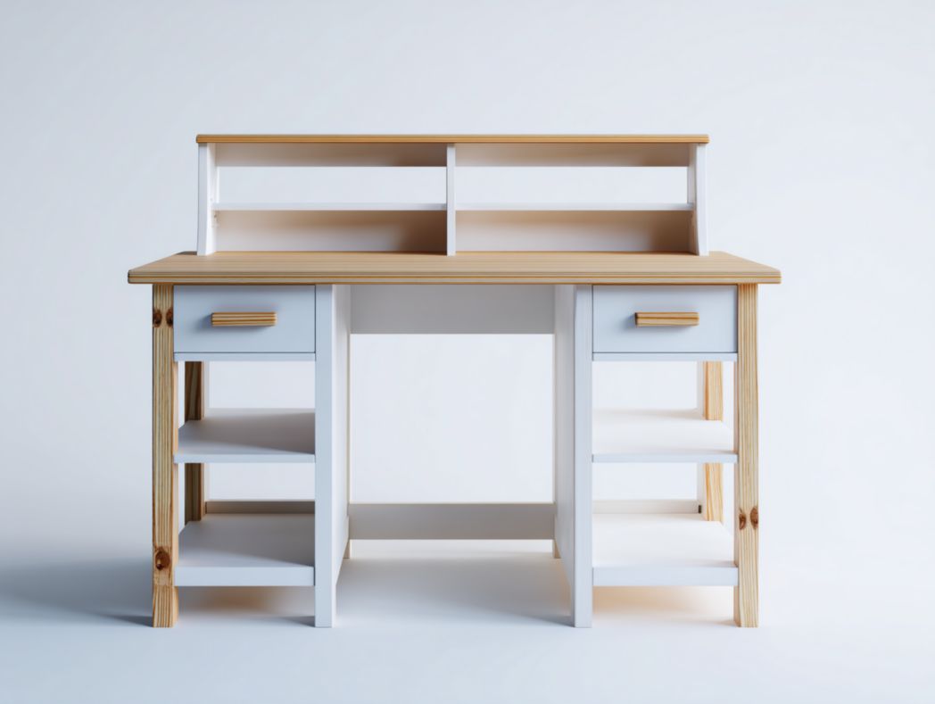 Bureau enfant bois naturel et blanc avec 2 tiroirs et étagères intégrées