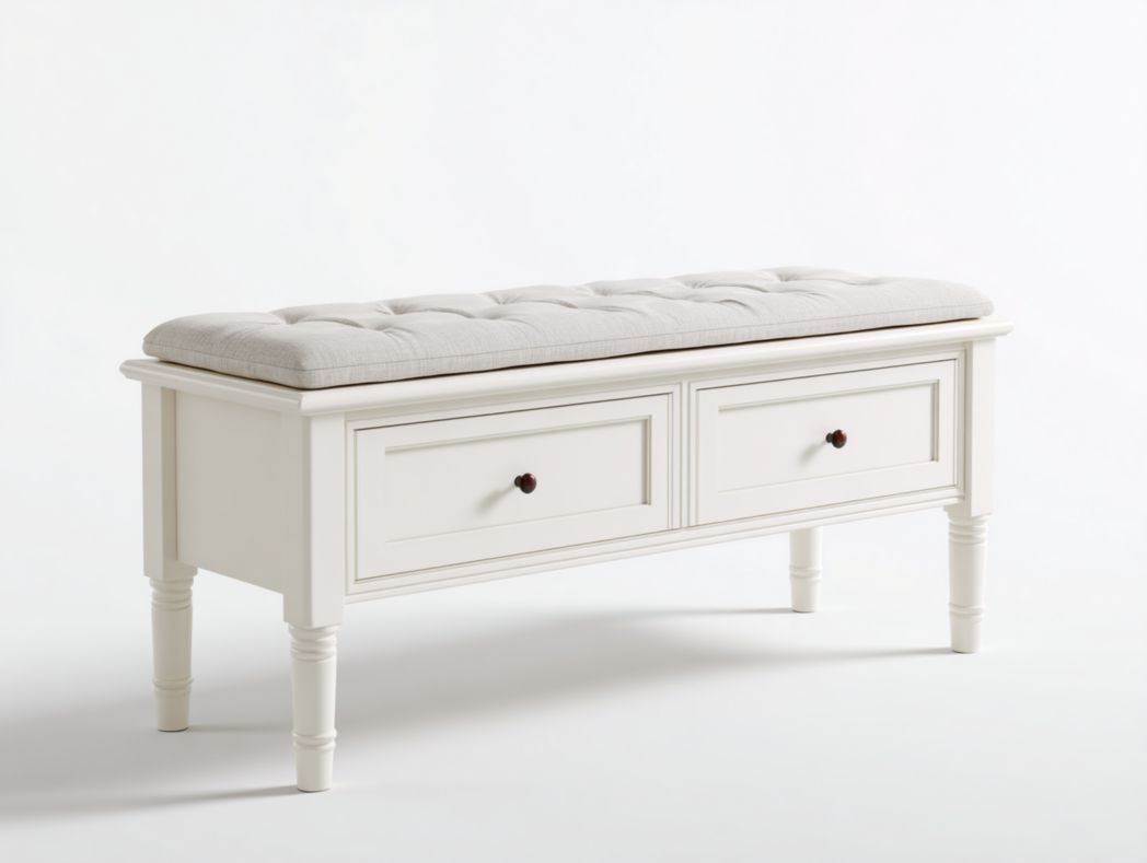 Banc en bois blanc avec assise capitonnée et tiroirs de rangement