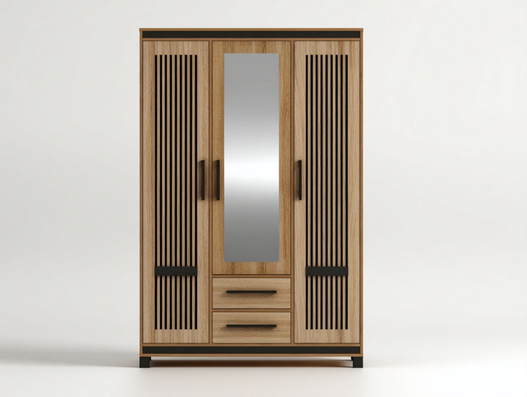 Armoire 3 portes bois avec miroir central et fa?ades à lattes