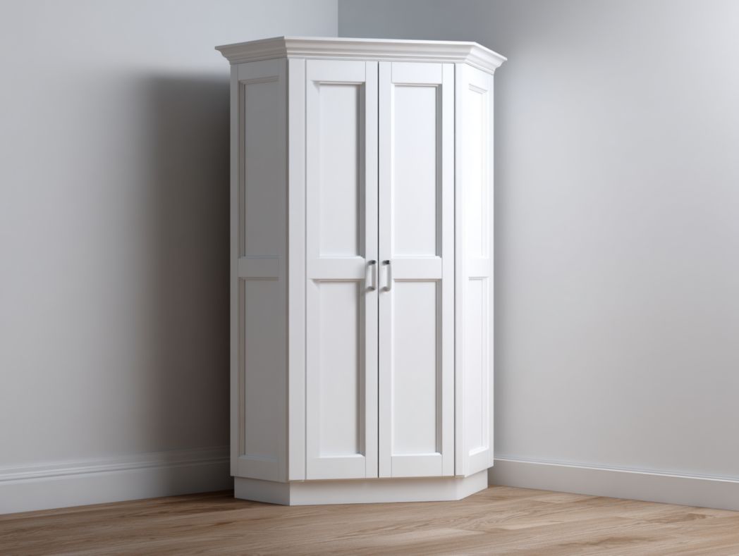Armoire d’angle 2 portes blanche avec poignées métalliques et moulures décoratives