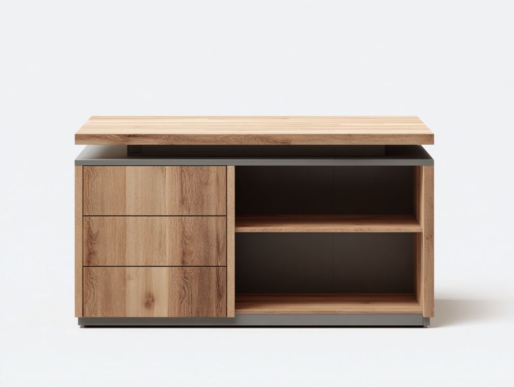 Commode moderne 3 tiroirs avec niches ouvertes en bois naturel et gris