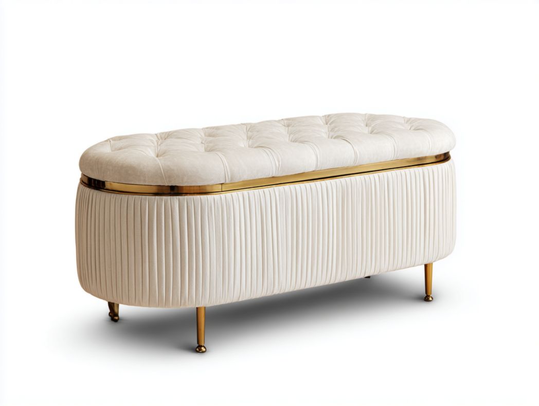 Banc coffre capitonné Tissu crème avec détails métalliques dorés et espace de rangement