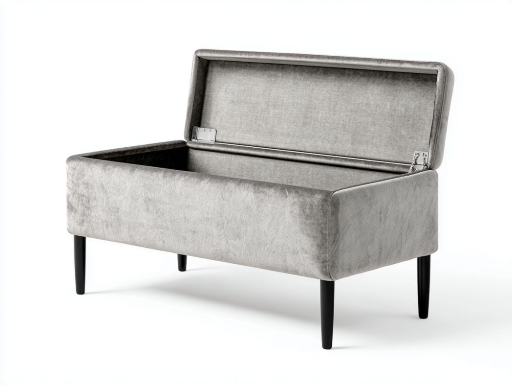 Banc coffre moderne Tissu gris avec pieds en bois noirs et espace de rangement