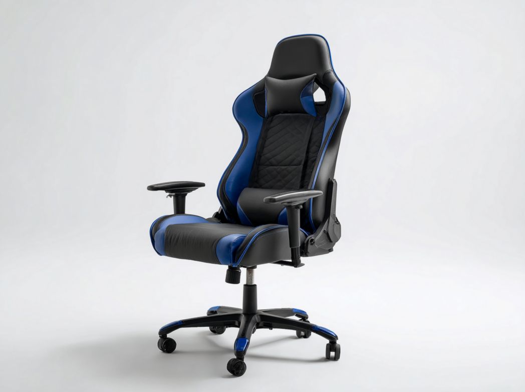 Fauteuil Gaming style course en similicuir noir et blanc avec dossier haut, appui-tête et coussin lombaire