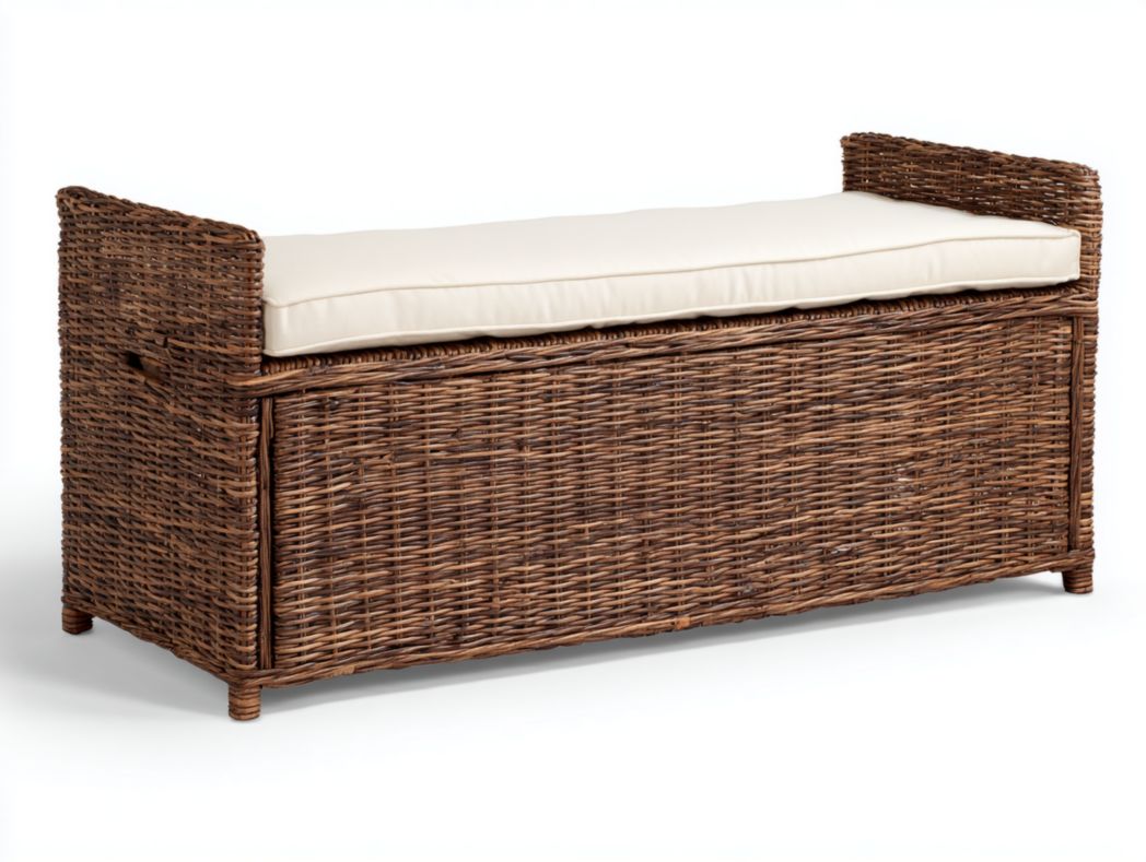 Banc en rotin brun avec coussin beige et espace de rangement