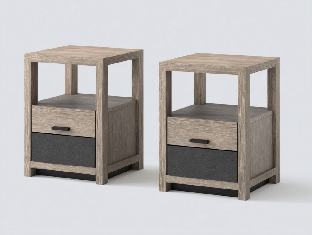 Lot de 2 tables de chevet style scandinave Bois clair avec 2 tiroirs et niche ouverte