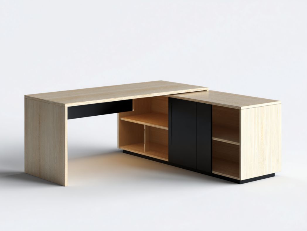 Bureau d’angle bois clair et noir – design moderne avec espaces de rangement
