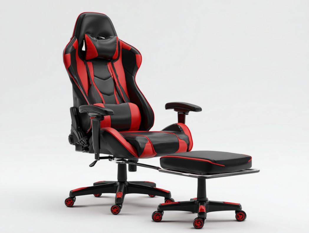 Fauteuil Gaming en similicuir noir et rouge avec repose-pieds extensible, appui-tête et coussin lombaire