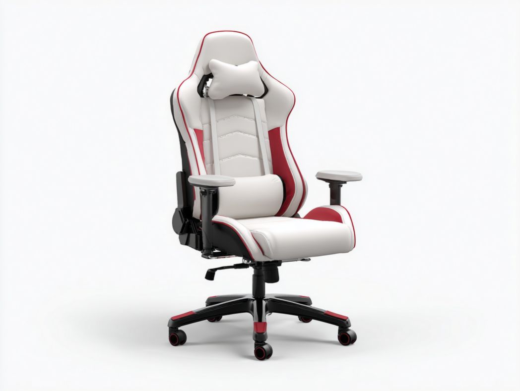 Fauteuil de bureau style gaming blanc et rouge avec dossier haut et coussins