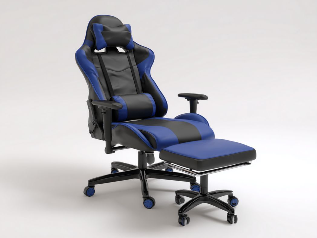 Fauteuil Gaming ergonomique en similicuir bleu et noir avec repose-pieds, appui-tête et coussin lombaire