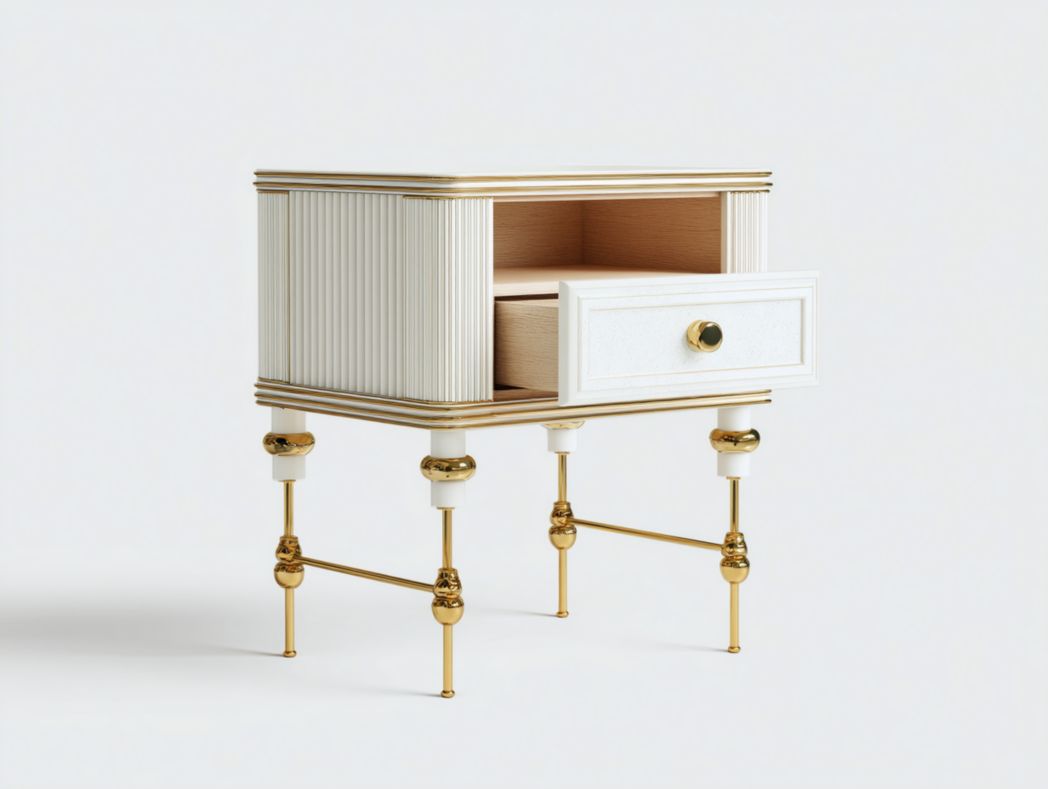 Table de chevet bois blanc – 1 tiroir et niche ouverte, structure dorée élégante