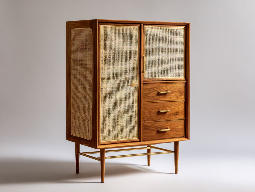 Armoire 2 portes en bois et rotin – avec 3 tiroirs et piètement en métal