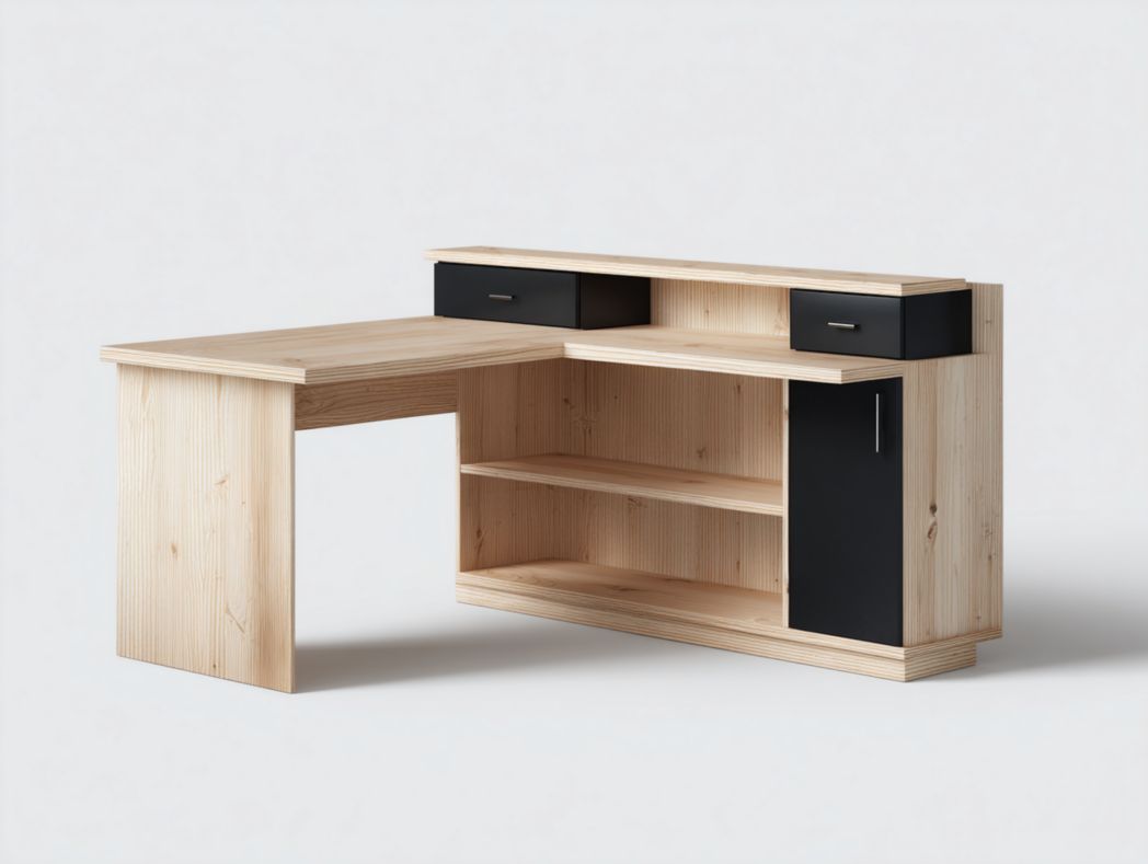 Bureau d’angle bois clair avec rangements noirs et 2 tiroirs supérieurs