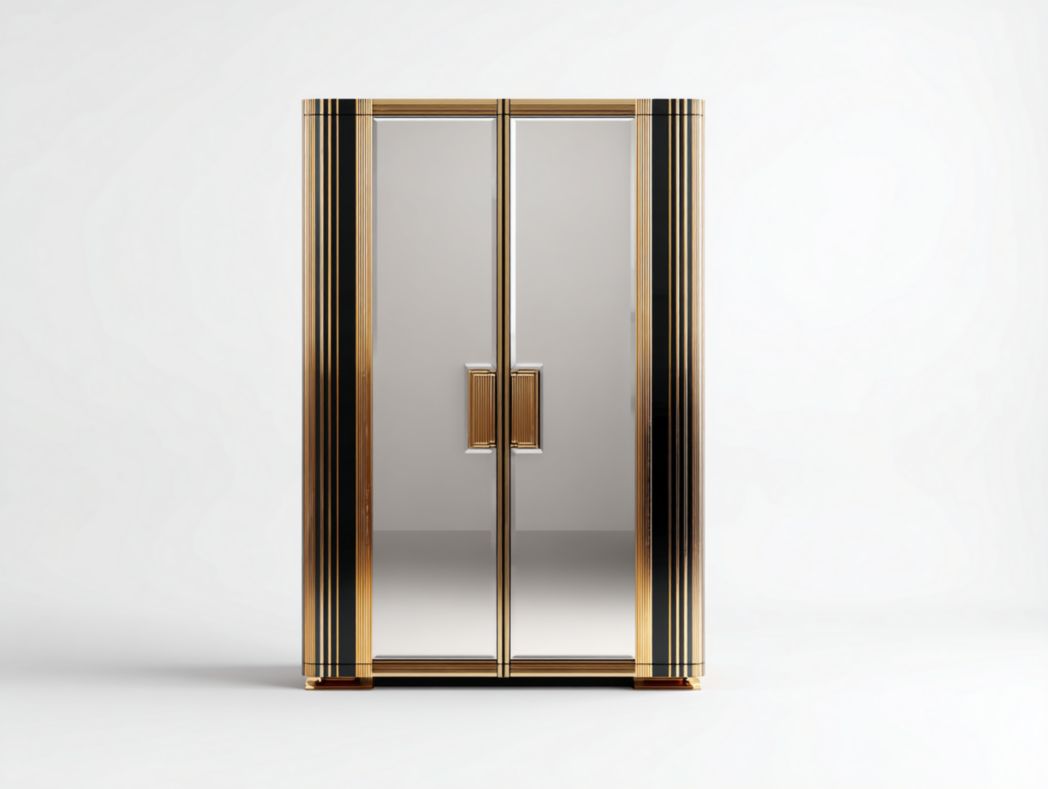 Armoire 2 portes miroir avec finitions noires et dorées – style luxe contemporain