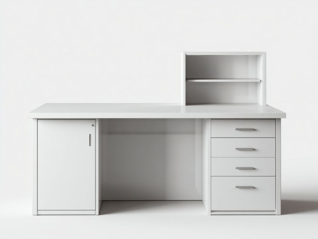 Bureau enfant blanc avec 4 tiroirs, armoire latérale et niche ouverte