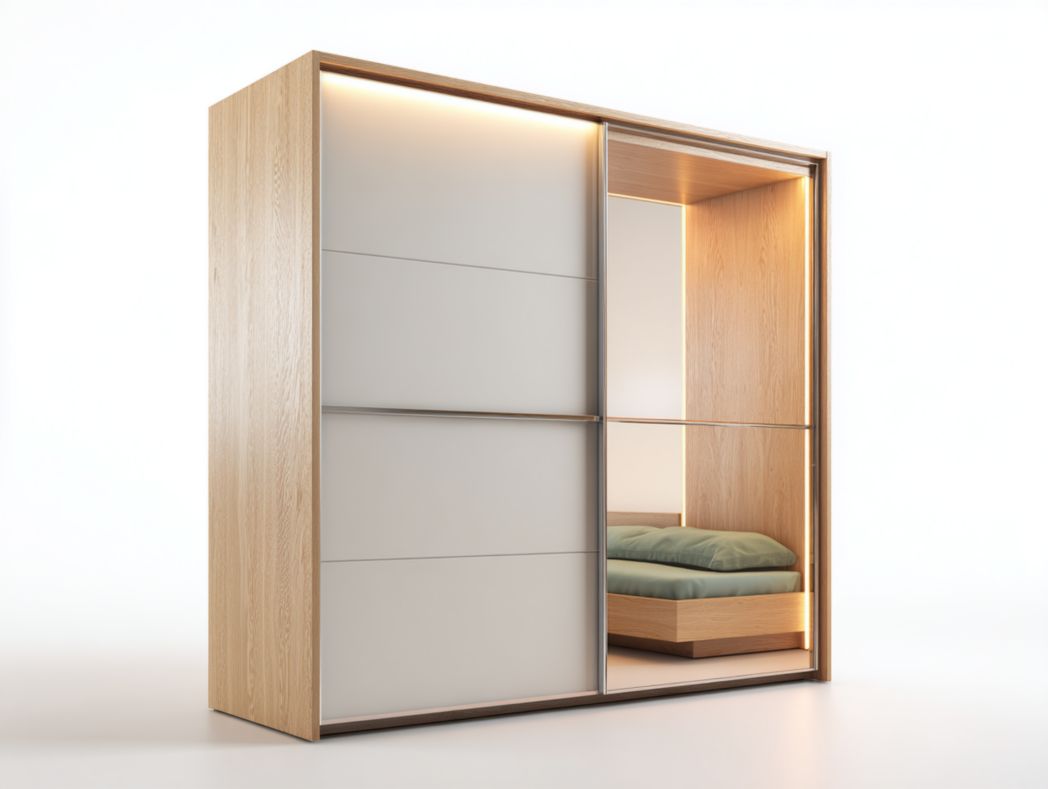 Armoire à portes coulissantes bois clair avec miroir et éclairage LED intégré