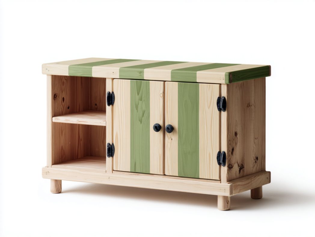 Commode à langer nordique en pin naturel avec portes et rayures vertes