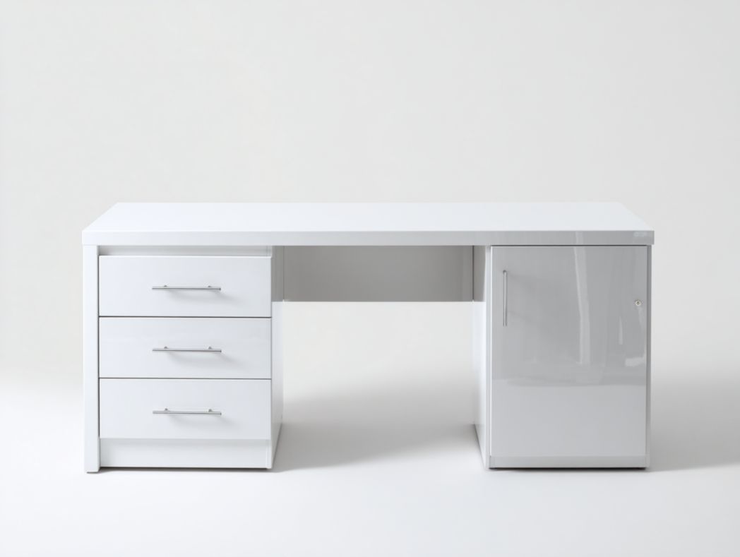 Bureau enfant blanc brillant avec 3 tiroirs et 1 armoire latérale