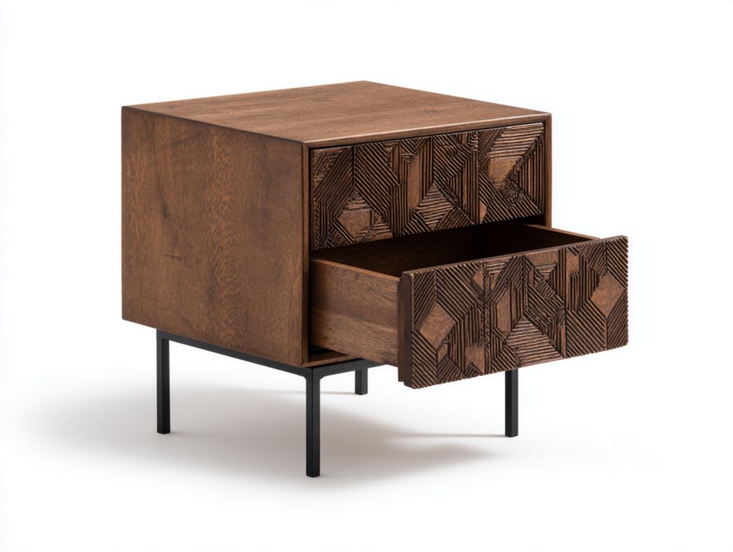 Table de chevet en bois foncé – 2 tiroirs sculptés – Pieds en métal noir