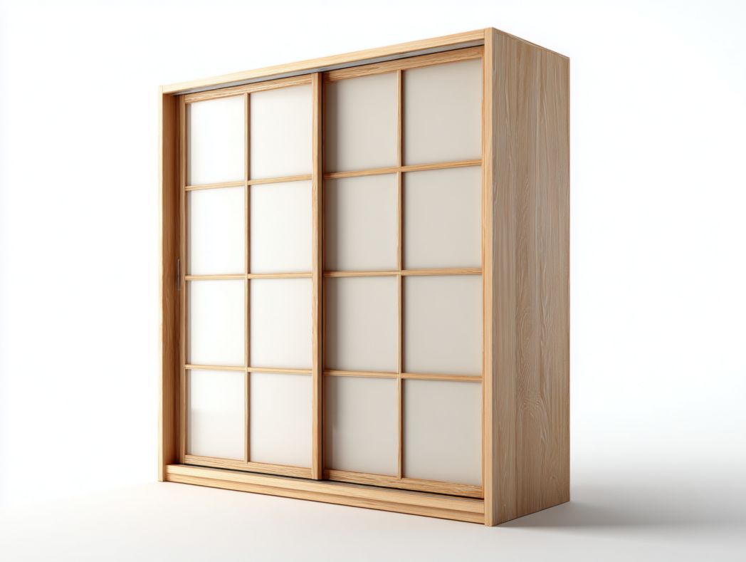 Armoire 2 portes coulissantes style japonais bois clair à croisillons