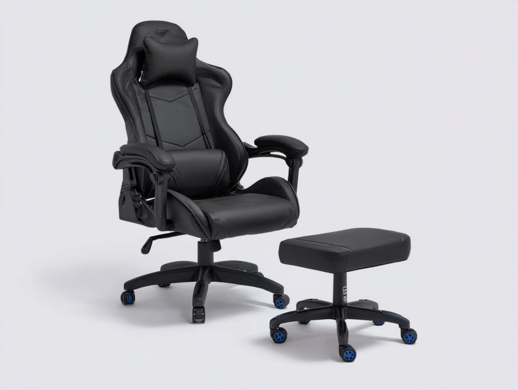 Chaise Gaming ergonomique en similicuir noir avec repose-pieds séparé, coussin lombaire et appui-tête