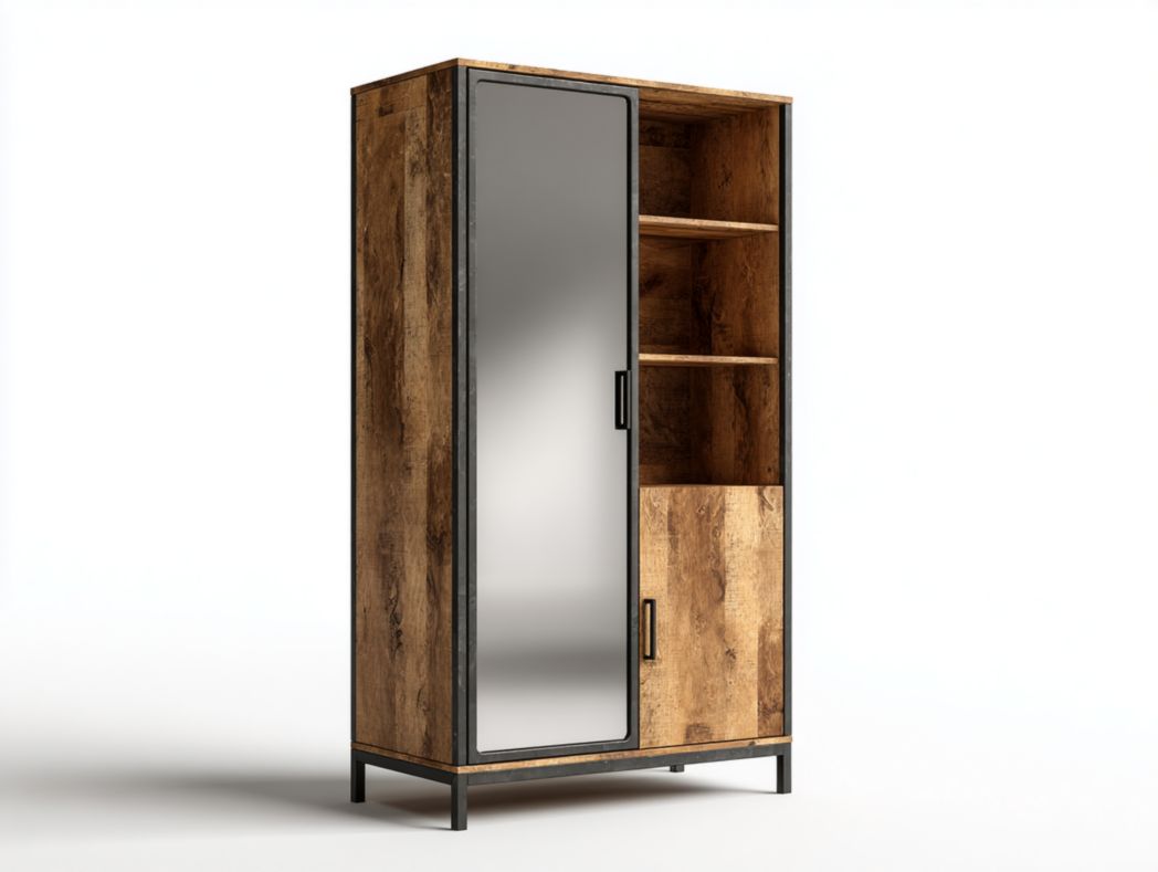Armoire 2 portes style industriel bois vieilli et cadre métal noir – avec miroir et étagères