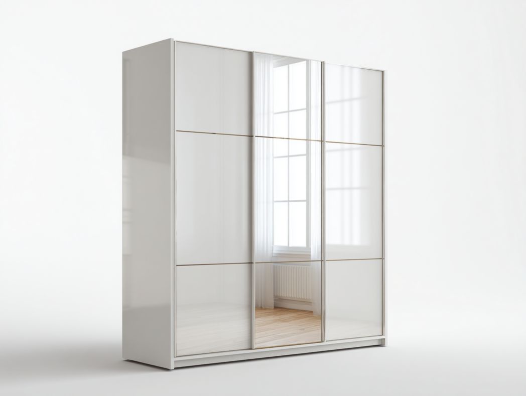 Armoire 3 portes coulissantes blanc brillant avec miroir central