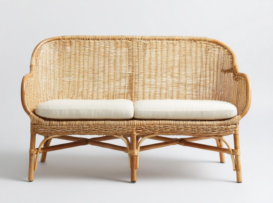 Canapé 2 places en rotin naturel – dossier arrondi avec coussins en lin