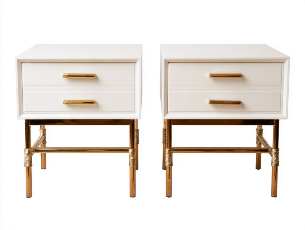Lot de 2 tables de chevet modernes Blanc avec 2 tiroirs et base dorée