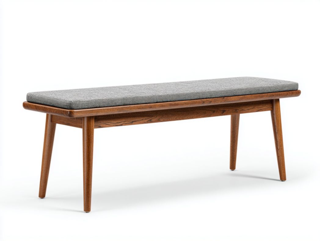 Banc en bois massif avec assise rembourrée tissu gris, style nordique