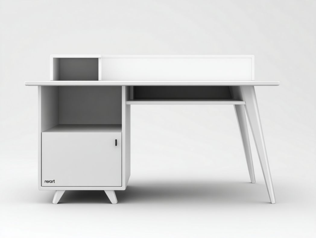 Bureau d’angle blanc moderne avec armoire et compartiments ouverts