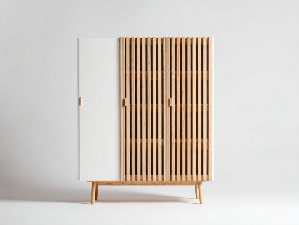 Armoire 3 portes style nordique blanc et fa?ade en bois ajouré