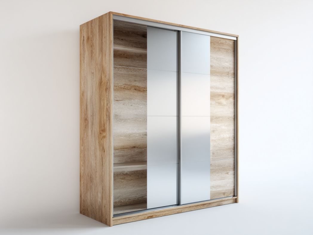 Armoire 2 portes coulissantes décor chêne naturel avec fa?ade miroir – style moderne
