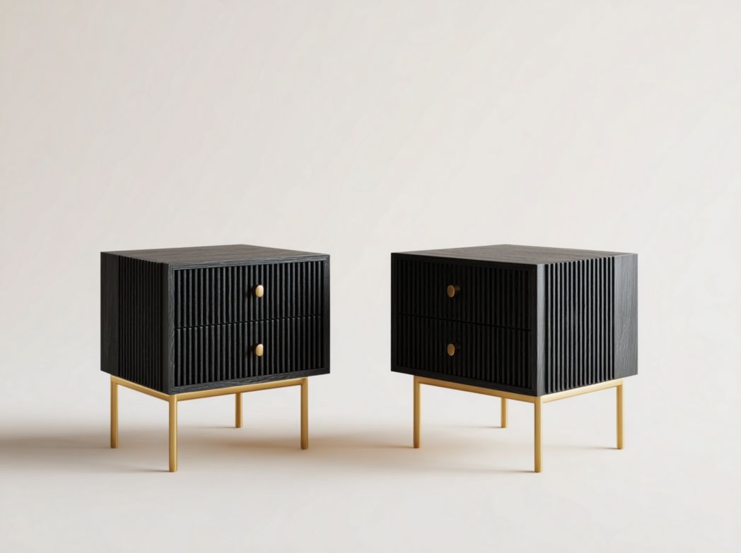 Lot de 2 tables de chevet modernes Noires à rainures avec 2 tiroirs et base dorée